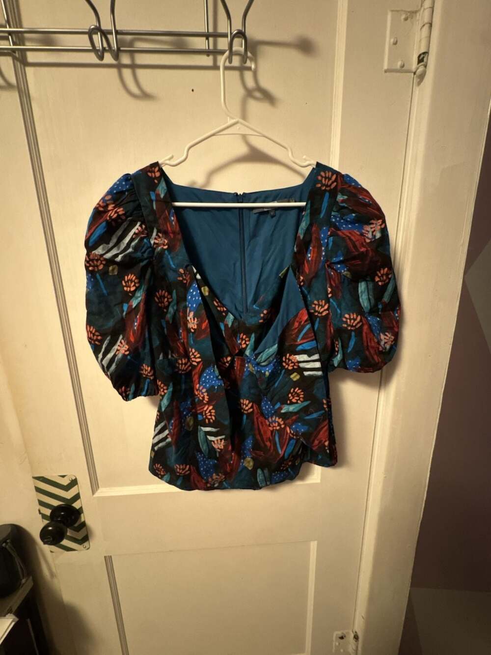 Eva Franco Blouse Size 12 Multicolor Floral Puff Sleeve Sweetheart